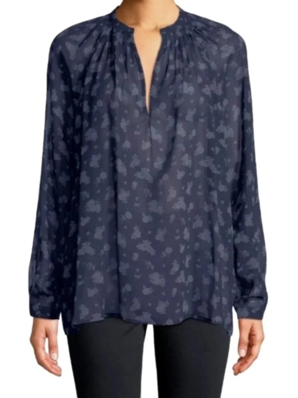 VINCE SHEER CALICO SILK NAVY FLORAL PLEAT POPOVER BLOUSE